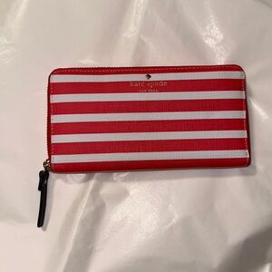 kate spade White Coral Pink Stripe Zip Around Leather Wallet